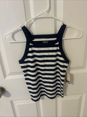 SO Navy and White Striped Ribbed Halter Tank